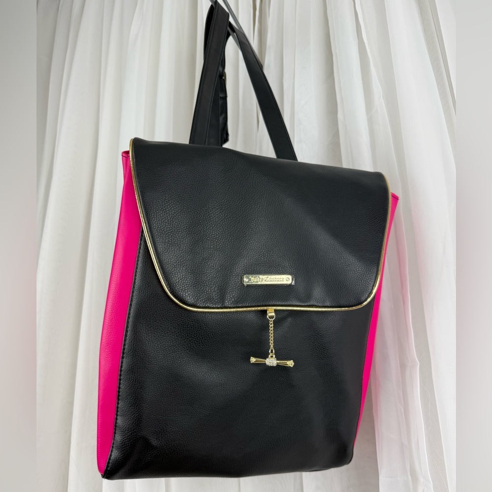 Juicy Couture Backpack Black Pink Faux Leather Gold Charm NWT
